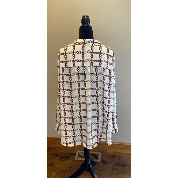 Talbots Blouse Chain Link Cream  Sz 3X Button Down  Top Tie@ Neck Cuffed Sleeve - Picture 6 of 12